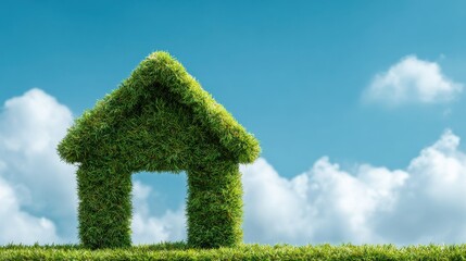 A house shape crafted from grass stands on vibrant green ground under a clear blue sky adorned with fluffy clouds. This unique structure symbolizes nature and sustainability.