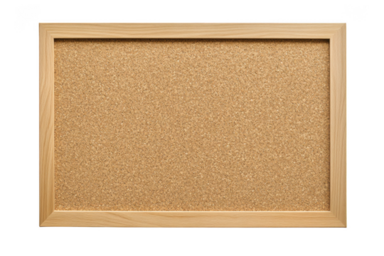 Corkboard bulletin board with wooden frame mockup, memo board, notice board, pin board, office, home decor, blank template, isolated on transparent background