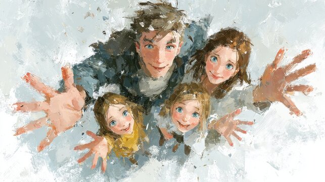 A father and his three children express joy and enthusiasm while reaching out, capturing a moment of love and togetherness. The setting hints at a bright, cheerful day filled with happiness.