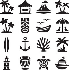 Tropical Island Vacation Icons Silhouette Collection palm tree hammock