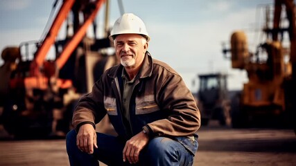A man in a hard hat and overalls sits against a backdrop of industrial machinery, possibly at an oil or gas field. The scene is captured with a shallow depth of field.