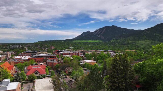 Pearl Street Mall Eben G Fine Boulder creek front range college town of University of Boulder Colorado Chautauqua Park Flatirons aerial drone summer spring Green mountain blue sky sunny upwards motion