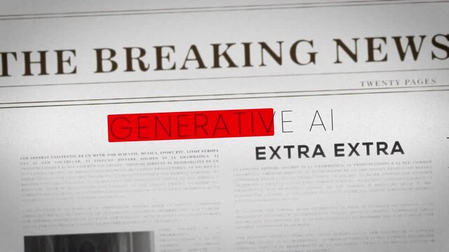 Dynamic rotation-in effect emphasizing 'Generative AI' over climate-related headlines, suggesting technological solutions in a world at risk.