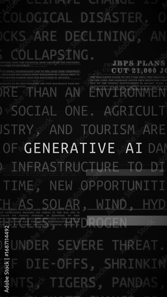 Poster vertical animated display of the term 'generative ai' among dark, stylized text about global crises,