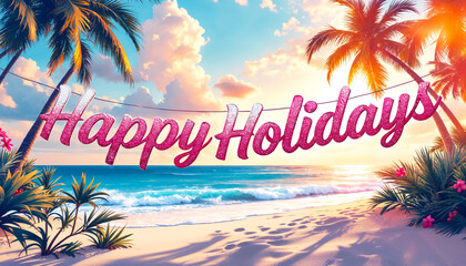 Pink happy holidays banner hangs between palm trees on tropical beach