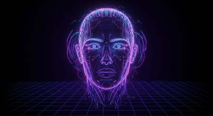 A glowing neon wireframe of a human head with intricate details, set against a dark background with a grid floor.
