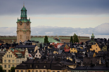 Stockholm 2015, Sweden - July 31, 2015: Stockholm's Iconic Church Tower and Historic Rooftops in...