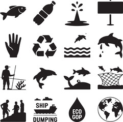 Environmental pollution and conservation icons in silhouette fish plastic bottle