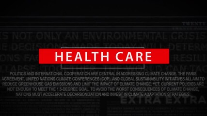 Looping horizontal animation featuring 'Health Care' in bold red banner, layered over global health and sustainability text.