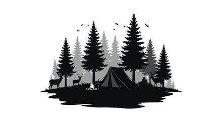 Fototapeta premium a serene forest scene with tent campfire and wildlife