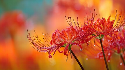 Close-up of vibrant red Spider Lilies in autumn morning light with dewdrops and soft bokeh background, symbolizing autumn season, Japanese equinox, and remembrance