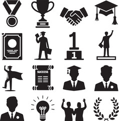Graduation and success achievement icons in silhouette medal trophy