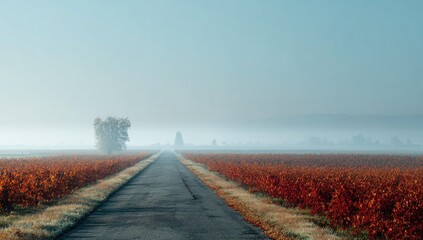 Misty autumnal road through vineyards