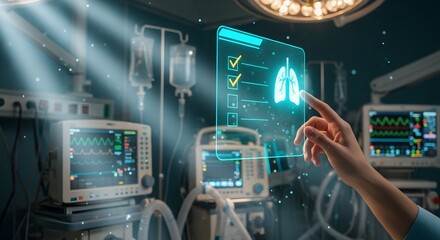 Futuristic medical technology interface displaying lung scan data in a modern hospital operating room.