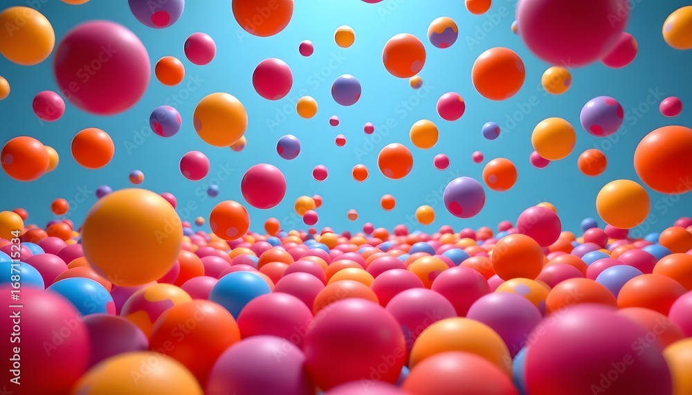 Poster colorful spheres in infinite dance: a mesmerizing display of vibrant spheres floating against a grad