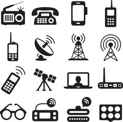 Communication technology and devices icons in silhouette radio telephone