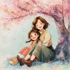 Two joyful individuals sit beneath a cherry blossom tree, surrounded by falling pink petals. The vibrant colors create a warm, cheerful atmosphere that captures a bonding moment.