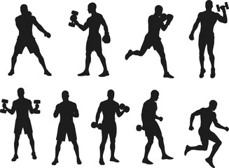 Fitness silhouettes, boxing poses, running athletes, dumbbell exercises, strength training, workout routine, sports activity, healthy lifestyle
