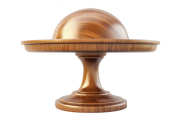 Wooden cake stand with dome lid, dessert display, pedestal serving plate, wood grain texture, isolated on transparent background