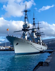 Naklejka premium Majestic grey warship at port, sunny day