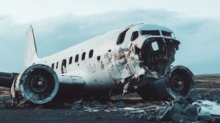 Abandoned Airplane Wreck on Grassland - Aviation Historical Relic / Outdoor Adventure Scene / Industrial Ruin Material