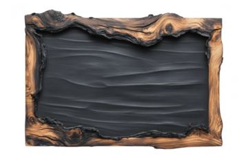 Rustic wooden frame with dark gray textured center, natural wood border design, decorative element, isolated on transparent background