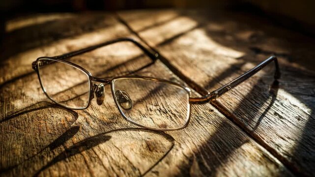 Close Up of Metal Framed Eyeglasses on Distressed Wooden Surface in Warm Sunlight with Distinct Shadow Pattern Featuring Brown Gold Frames
