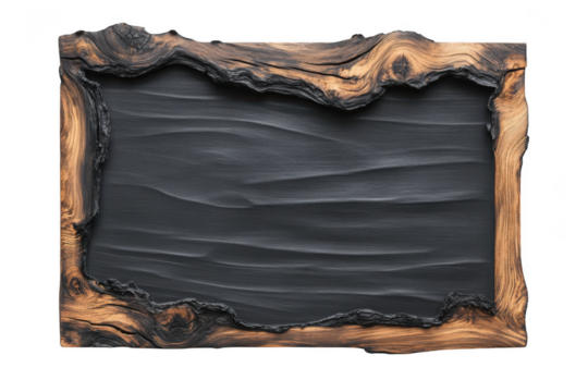 Rustic wooden frame with dark gray textured center, natural wood border design, decorative element, isolated on transparent background