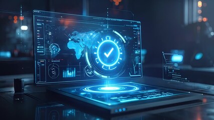 Futuristic interface displaying data and a checkmark on a digital device screen - Powered by Adobe