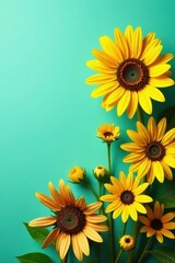 Vibrant sunflowers & daisies against teal backdrop, floral, details, summer