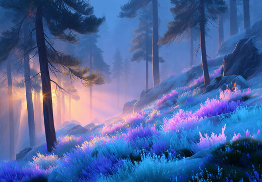 Fairytale Forest Background with Blue Wildflowers