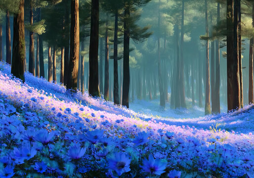 Magical Woodland Landscape with Vibrant Blossoms