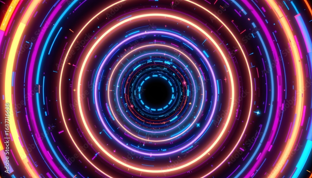 Poster abstract tunnel of light: a mesmerizing tunnel of radiant, multicolored neon light circles radiates 