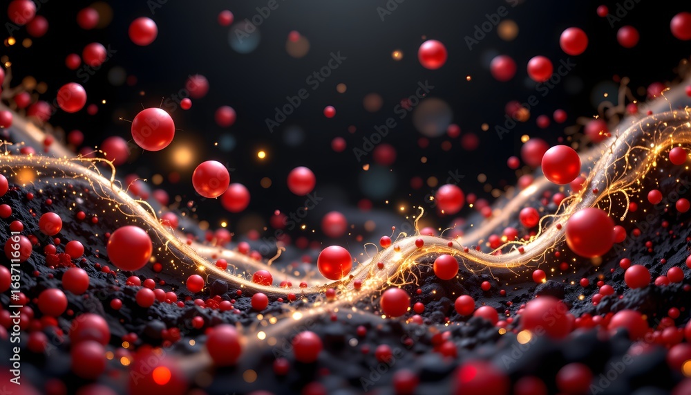 Poster abstract red sphere universe: a dynamic visualization of abstract, red spheres floating in a dark, c