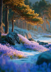 Enchanted Blue Flower Meadow in a Dreamlike Forest