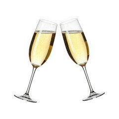 Two champagne glasses toasting celebration, cheers, sparkling wine, alcohol, drink, party, new year, wedding, anniversary, festive, event isolated on transparent background
