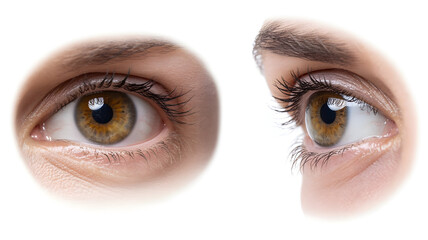 Naklejka premium Close up of a womans brown eyes, one facing forward and one in profile, isolated on white background