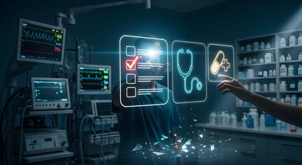Modern healthcare technology concept with glowing icons and a doctor in operating room setting.