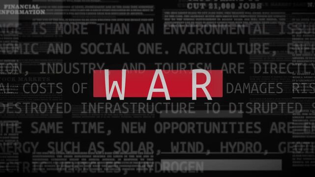 Fast-looping version of WAR text overlaid on dark newsprint, emphasizing speed, urgency, and relentless recurrence of war-related global headlines.