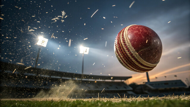 A dynamic action shot of a cricket ball in mid air