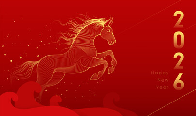 Red horizontal New Year poster of the Year of the Horse Linear art horse