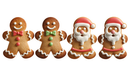 Fototapeta premium Four festive gingerbread cookies, two gingerbread men and two santa claus figures, isolated on white background