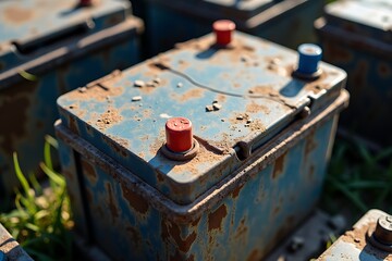 Obraz premium Old car battery recycling and disposal service rusted battery terminal maintenance and replacement guide tips tricks