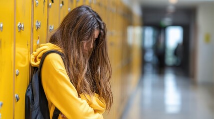 Girl Leaning on Lockers in School Hallway