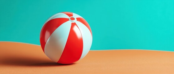 The vibrant beach ball resting on a colorful sandy surface.