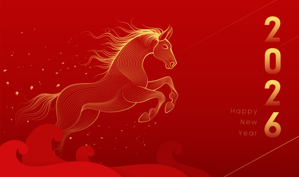 Red horizontal New Year poster of the Year of the Horse Linear art horse