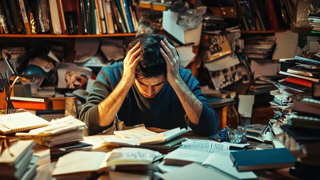 Stressed Student Overwhelmed by Studies: Frustrated Man with Head in Hands Surrounded by Books and Papers in Cluttered Room
