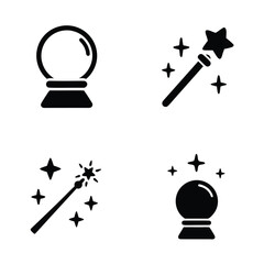 Four black magic icons crystal ball and wand with stars on white background vector