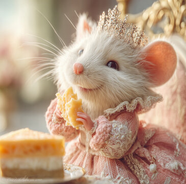 Adorable White Mouse Princess in Pink Dress Enjoying Royal Cheesecake