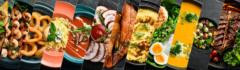 Collage of many popular all over the world breakfasts, lunches and snacks. Collage of different...